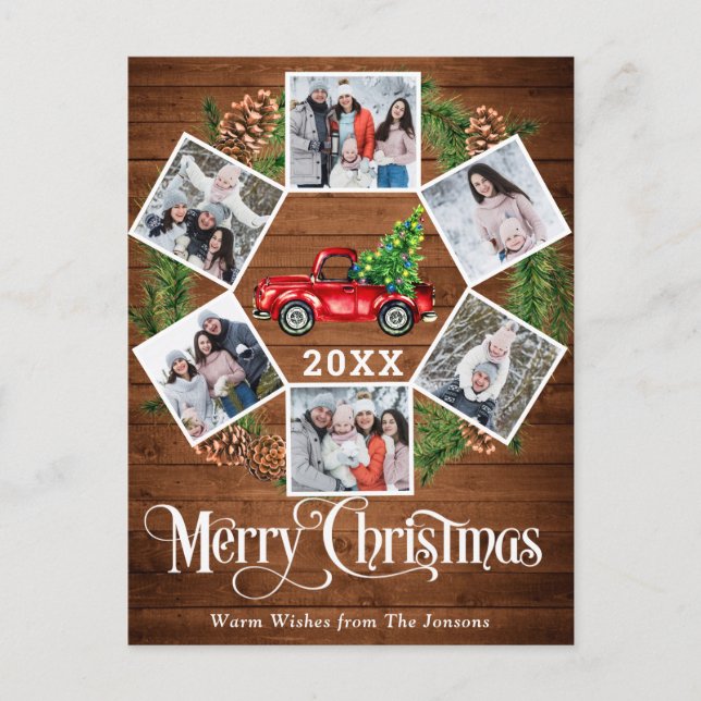 Carte Postale Noël Retro Camion de ferme rouge Salutation 6 Phot (Devant)