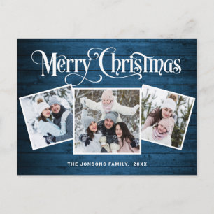 Carte Postale Noël Rustic Wood 3 PHOTO Salutation Holiday