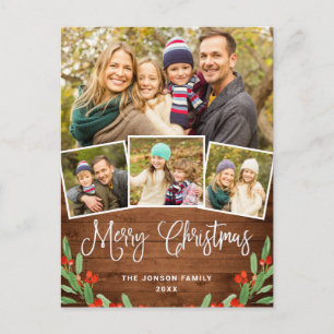Carte Postale Noël Rustic Wood 4 PHOTO Salutation Holiday