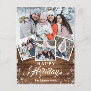 Carte Postale Noël Rustic Wood 4 PHOTO Salutation Holiday