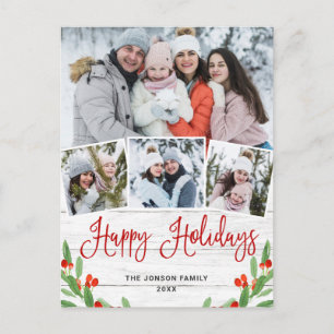 Carte Postale Noël Rustic Wood 4 PHOTO Salutation Holiday