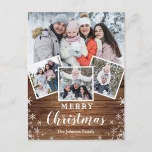 Carte Postale Noël Rustic Wood 4 PHOTO Salutation Pos de vacance