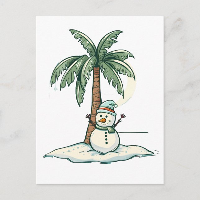 Carte Postale Noël - Snowman sur la plage avec Palm Tree (Devant)