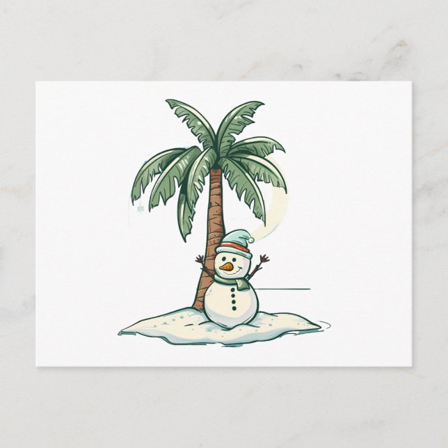 Carte Postale Noël - Snowman sur la plage avec Palm Tree (Devant)