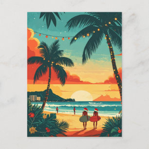 Carte Postale Noël Surfeurs Tropical Plage Coucher de soleil