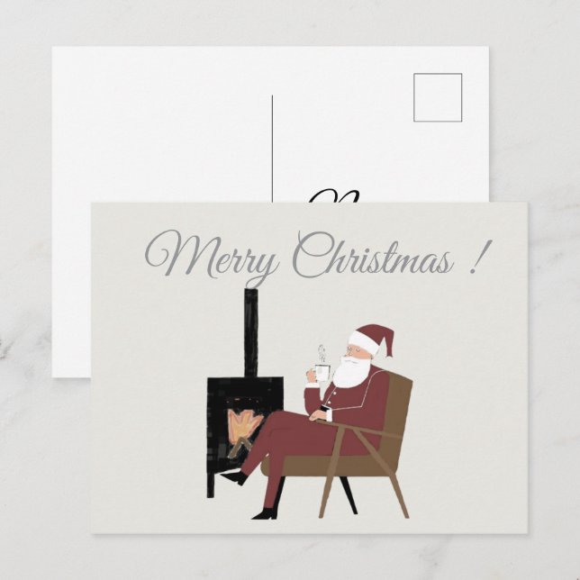 Carte Postale Noël Traditionnel Père Noël devant la Cheminée (Devant / Derrière)