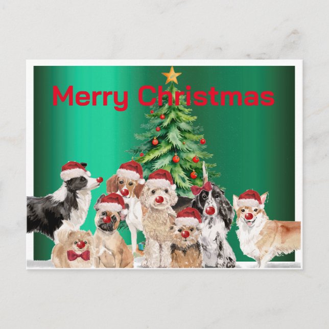Carte Postale Noël Vacances Amoureux de les chiens Vert Joyeux (Devant)