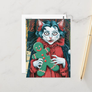 Carte Postale Noël Vampire Kitty avec pain d'épices vert