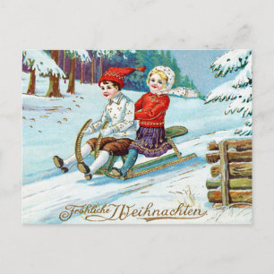 Carte Postale Noël vintage enfants traîneau