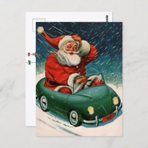 Carte Postale Noël vintage, le Père Noël dans une jolie voiture