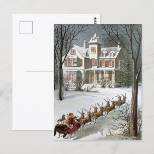 Carte Postale Noël vintage, Saint Nicolas avec rennes