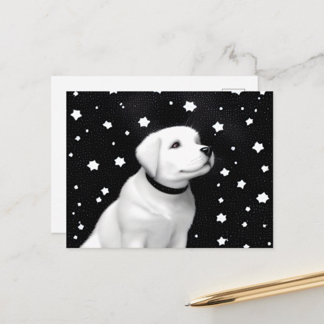 Carte Postale Noir & Blanc Retro Puppy & Stars (Devant/Arrière en situation)