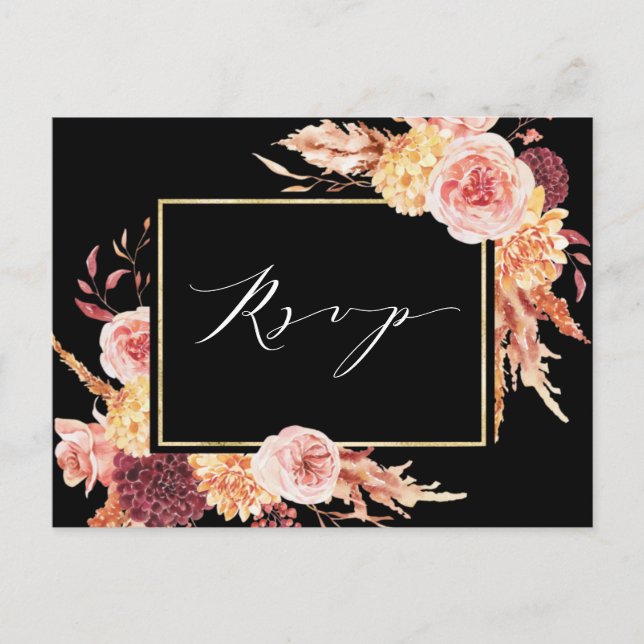 Carte Postale Noir Boho Bourgogne Terracotta Mariage Fleur RSVP (Devant)