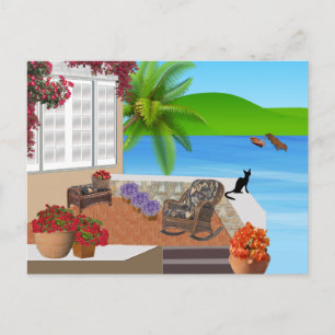 CARTE POSTALE NOIR CAT BEACH PATIO 002 HEUREUX VACANCES CONTEXTE