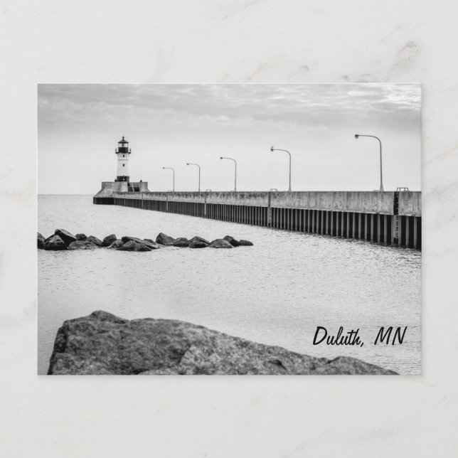 Carte postale noir et blanc du phare de Duluth, MN (Devant)