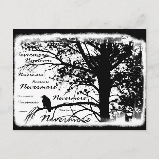Carte Postale Noir et blanc Nevermore Corbeau Silhouette Arbre (Devant)