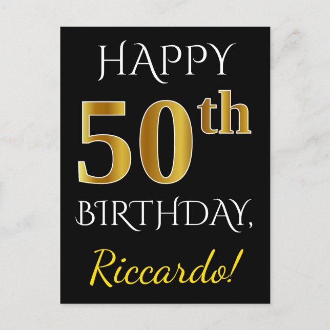 Carte Postale Noir, Faux Gold 50e anniversaire + Nom personnalis (Devant)