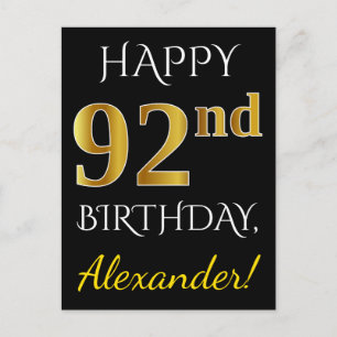 Carte Postale Noir, Faux Gold 92e anniversaire + Nom personnalis