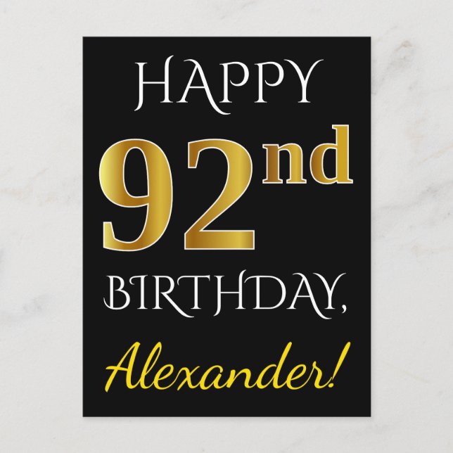 Carte Postale Noir, Faux Gold 92e anniversaire + Nom personnalis (Devant)