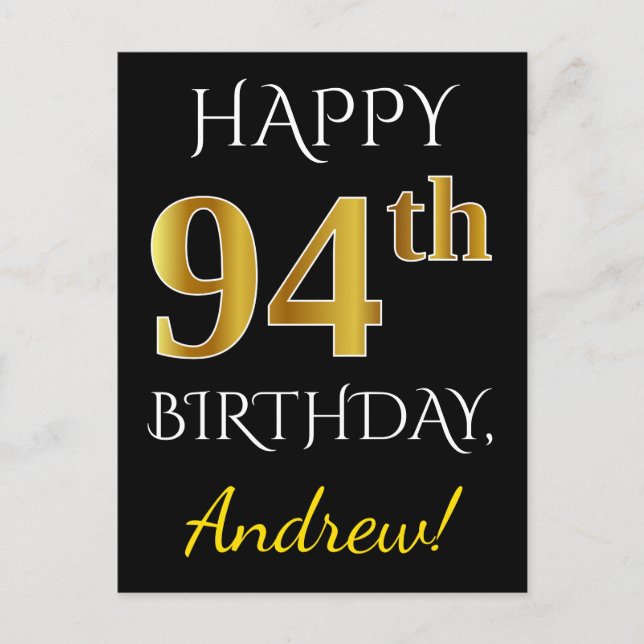 Carte Postale Noir, Faux Gold 94e anniversaire + Nom personnalis (Devant)