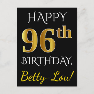 Carte Postale Noir, Faux Gold 96e anniversaire + Nom personnalis