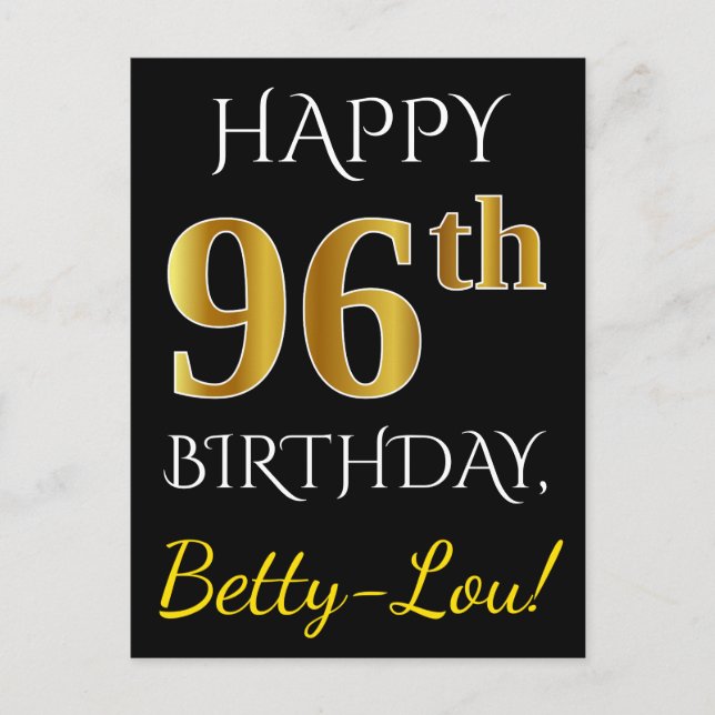 Carte Postale Noir, Faux Gold 96e anniversaire + Nom personnalis (Devant)