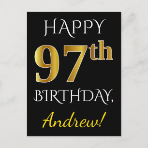 Carte Postale Noir, Faux Gold 97e anniversaire + Nom personnalis