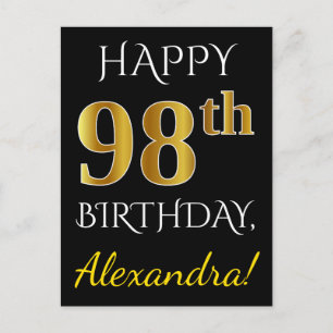 Carte Postale Noir, Faux Gold 98e anniversaire + Nom personnalis