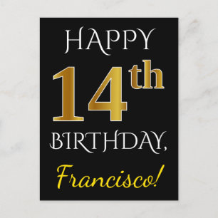 Carte Postale Noir, Faux Or 14e anniversaire + Nom personnalisé