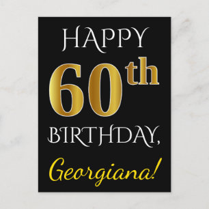 Carte Postale Noir, Faux Or 60e anniversaire + Nom personnalisé