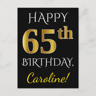Carte Postale Noir, Faux Or 65e anniversaire + Nom personnalisé