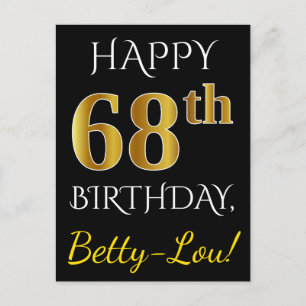 Carte Postale Noir, Faux Or 68e anniversaire + Nom personnalisé