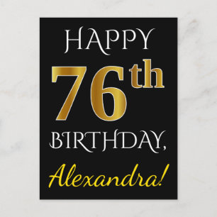 Carte Postale Noir, Faux Or 76e anniversaire + Nom personnalisé