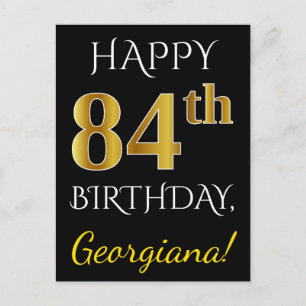 Carte Postale Noir, Faux Or 84e anniversaire + Nom personnalisé