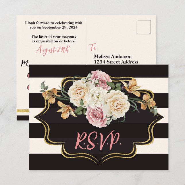 Carte Postale Noir Gras, Rayures d'Ivoire, Florales RSVP (Devant / Derrière)