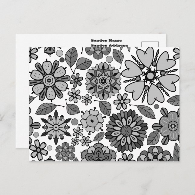 Carte Postale Noir gris blanc rétro Art Floral Motif sans coutur (Devant / Derrière)