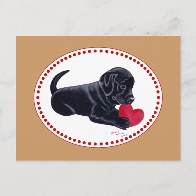 Carte Postale Noir Labrador Chiot et Coeur (Devant)