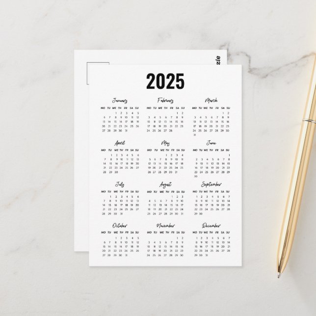 Carte Postale Noir moderne Blanc 2025 Calendrier Pleine Année Vu (Devant/Arrière en situation)