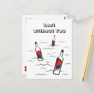 Carte Postale Noir moderne Blanc Rouge Amour Coeurs en bouteille