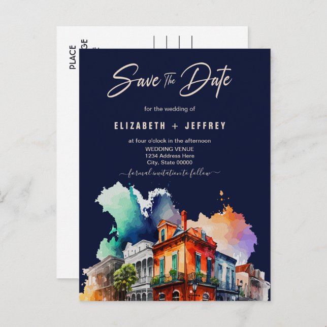 Carte Postale Nola Aquarelle Nouvelle Orléans Mariage Enregistre (Devant / Derrière)