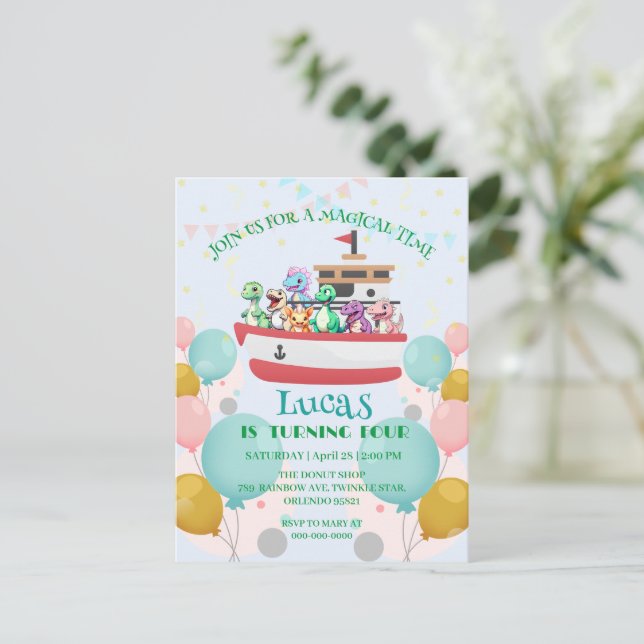 Carte Postale Nom de fête d'anniversaire de yacht de dinosaure a (Debout devant)