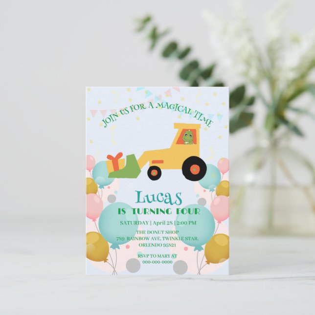 Carte Postale Nom de fête d'anniversaire tracteur dinosaure drôl (Debout devant)