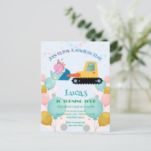 Carte Postale Nom de fête d'anniversaire tracteur dinosaure drôl