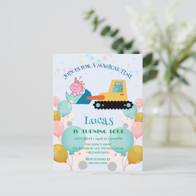 Carte Postale Nom de fête d'anniversaire tracteur dinosaure drôl (Debout devant)