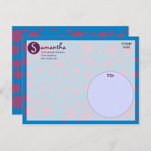 Carte Postale Nom initial Bleu violet Pois Lunes Cercles