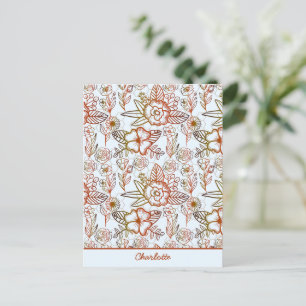 Carte Postale Nom personnalisé Floral sans couture motif orange