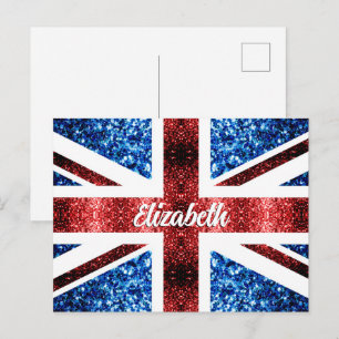Carte Postale Nom personnalisé paillettes rouges et bleues UK
