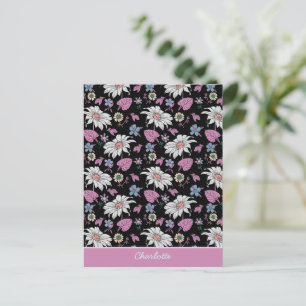Carte Postale Nom personnalisé rose floral continu motif