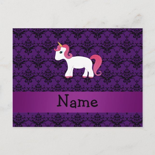 Carte Postale Nom personnalisé unicorne pourpre damask (Devant)