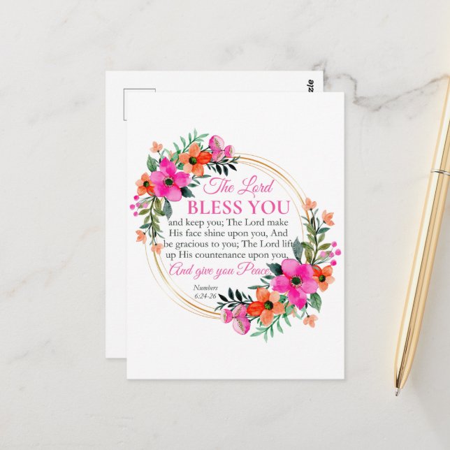Carte Postale Nombres 6:24-26 Couronne florale rose chrétienne (Devant/Arrière en situation)